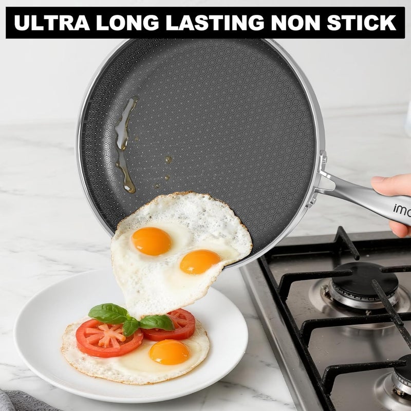 imarku Non Stick Frying Pans, 12" Stainless Steel Pan, Hybrid Skillet with Lid, Deep Large Saute Pan, Dishwasher & Oven Safe, Induction Compatible Cooking Pan, PFOA Free - Image 2